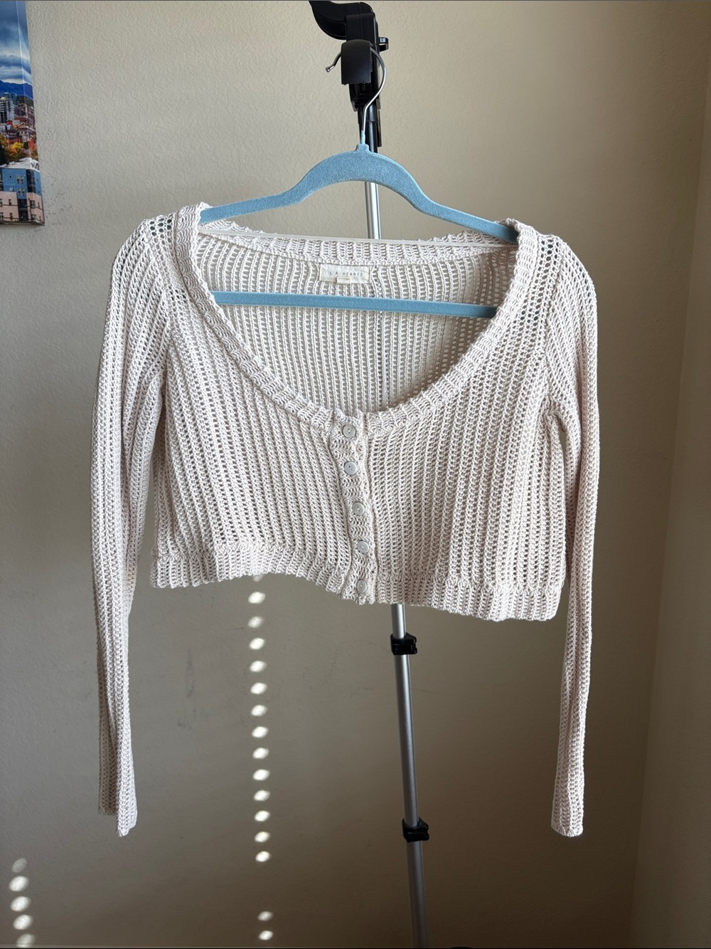 La Hearts Cream Open-Knit Cropped Button Cardigan
